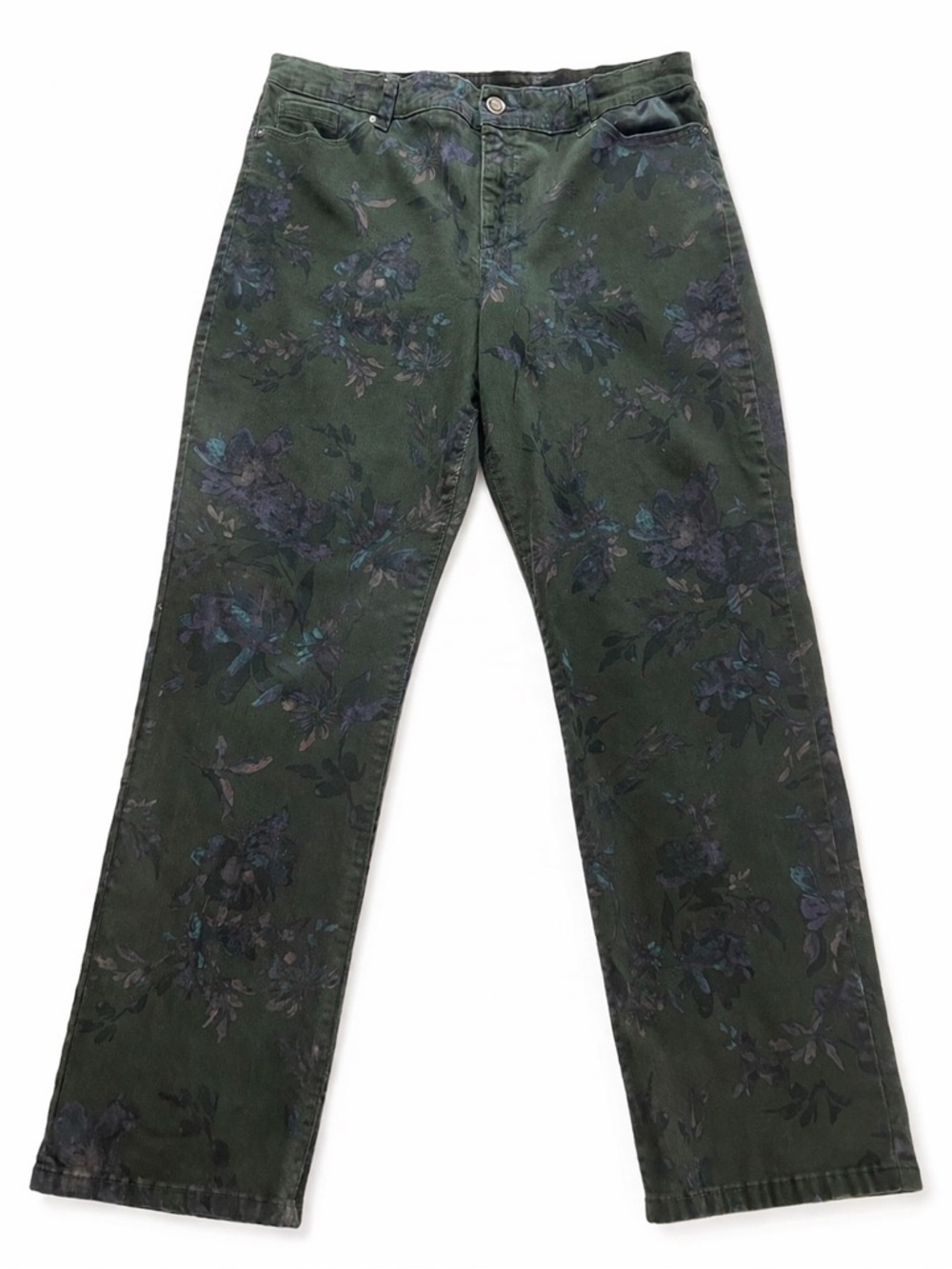 Bandolino Floral Print Green Jeans Womens 16 Straight Leg Mid Rise